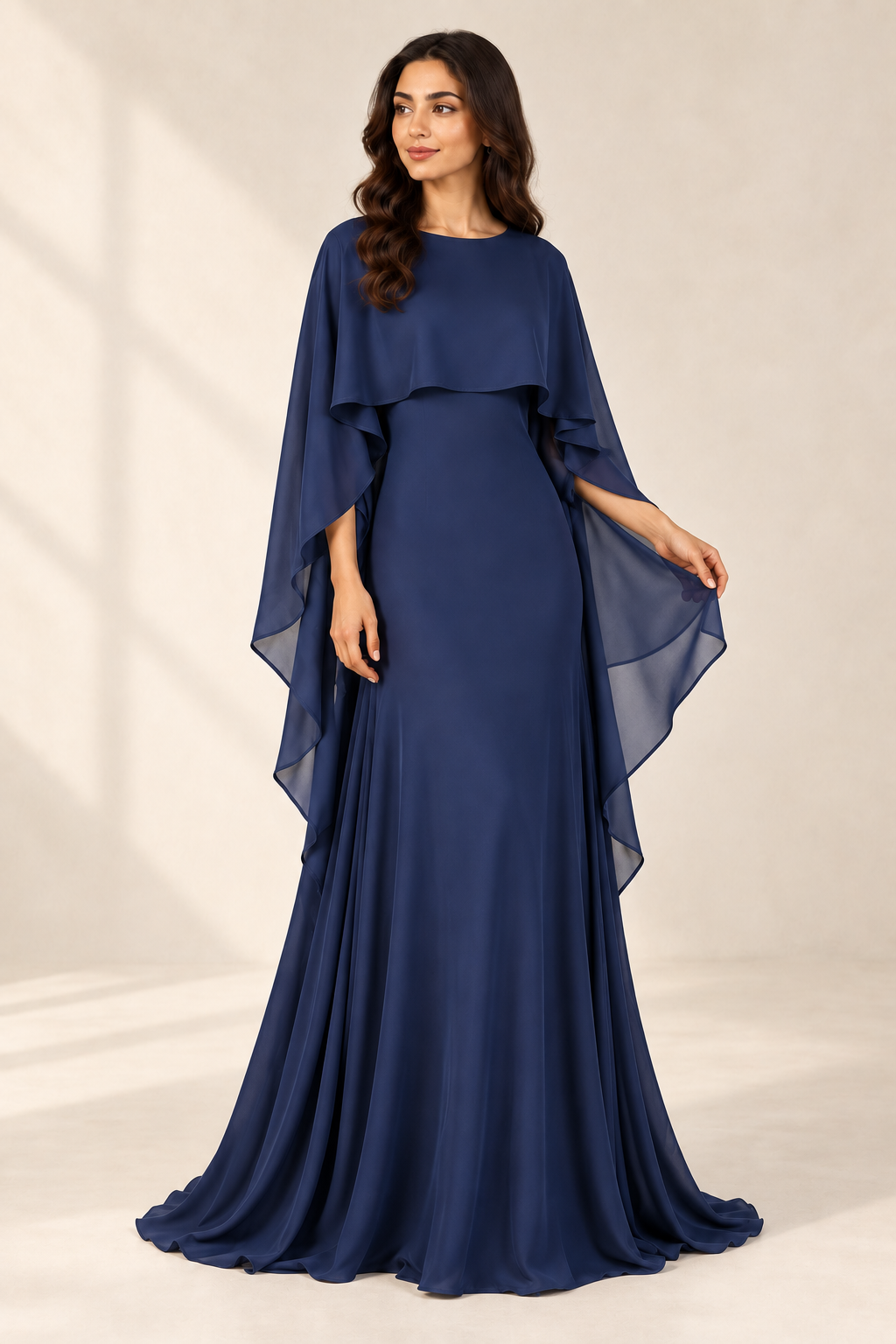 Midnight Cape editorial photograph showing the neckline and cascading cape