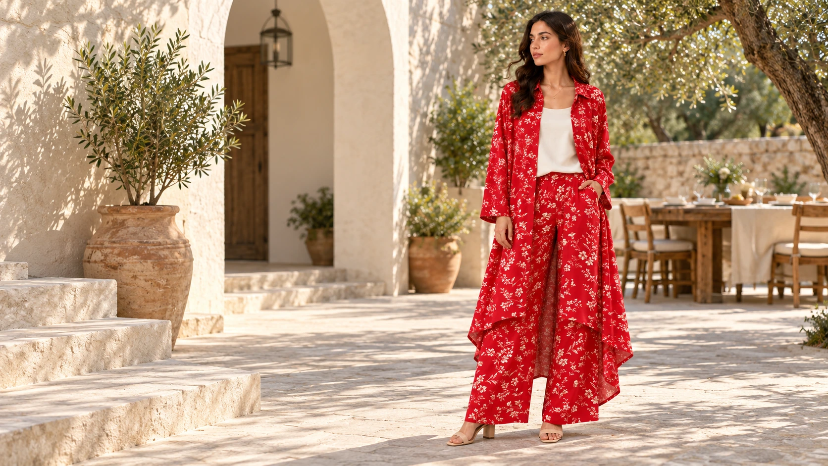 Scarlet Bloom beside a festive courtyard lunch setting